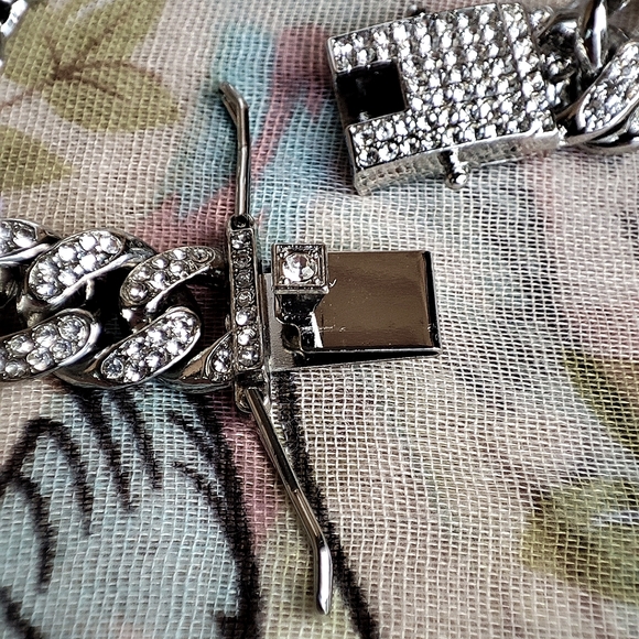 Cuban Chunky Heavy Link Chain Silver Tone Rhinestone Encrusted Bracelet UNISEX - Picture 6 of 14